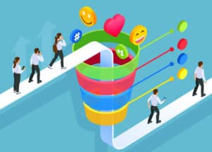 Four people enter a colorful funnel with social media icons and exit on a path, symbolizing engagement and conversion. | Tsunami Reach