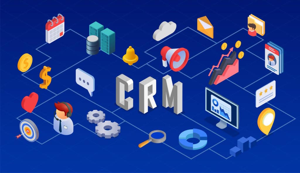 Isometric illustration of CRM with icons for coins, calendar, charts, gears, emails, and customer service elements. | Tsunami Reach