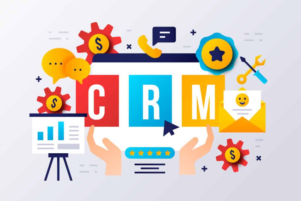 Illustration of hands holding CRM letters with icons of charts, gears, money, chat bubbles, and an envelope around them. | Tsunami Reach