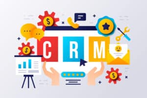 Illustration of hands holding CRM letters with icons of charts, gears, money, chat bubbles, and an envelope around them. | Tsunami Reach