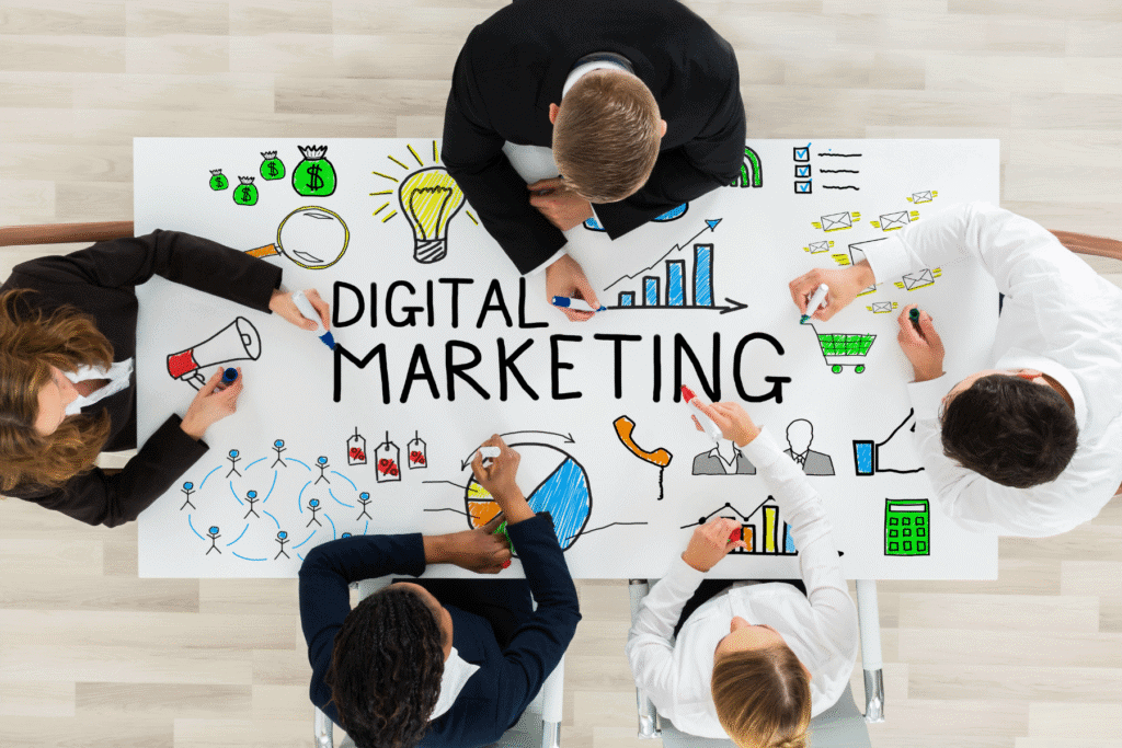 Six people gather around a table with “Digital Marketing” and colorful business icons drawn on it. | Tsunami Reach
