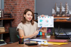 Woman at desk pointing to a business chart with graphs and pie charts, sitting in an office with shelves and a model ship. | Tsunami Reach