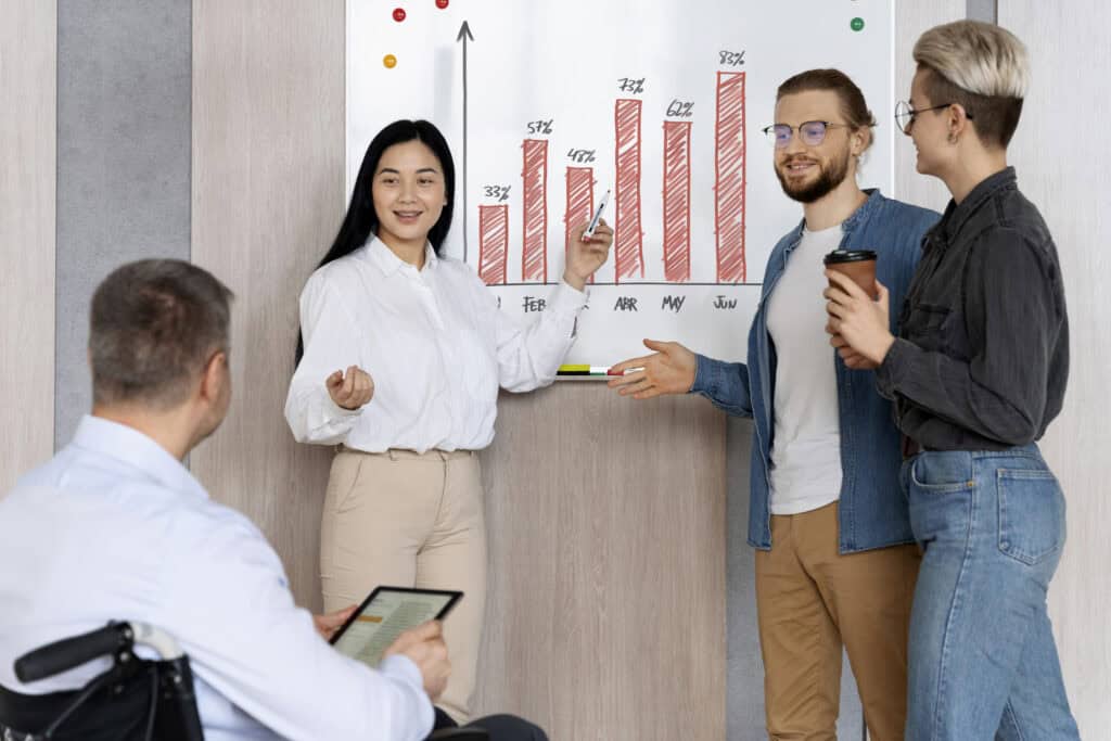 A group of people standing around a whiteboard. | Tsunami Reach