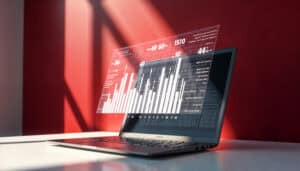 A laptop on a white table displays floating digital charts and data visualizations against a red wall background. | Tsunami Reach