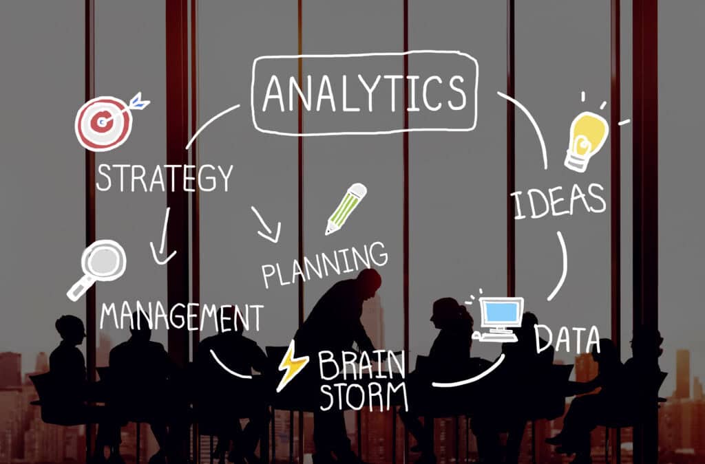 Business meeting silhouette with flowchart showing analytics, strategy, management, planning, brainstorming, ideas, and data. | Tsunami Reach