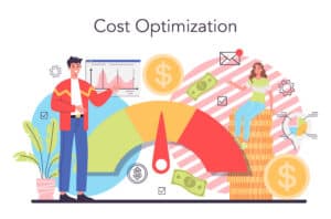 Man presenting a cost optimization gauge, woman sitting on coin stacks, with money and charts in the background. | Tsunami Reach