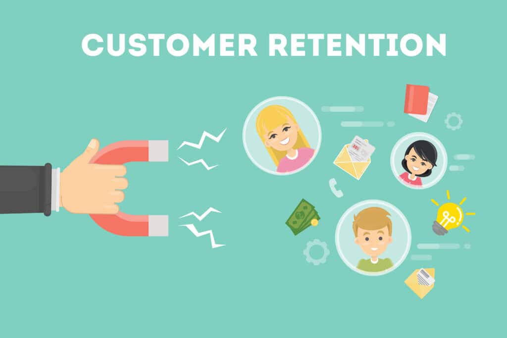 A hand holds a magnet attracting illustrated customers, with the text "Customer Retention" above. | Tsunami Reach