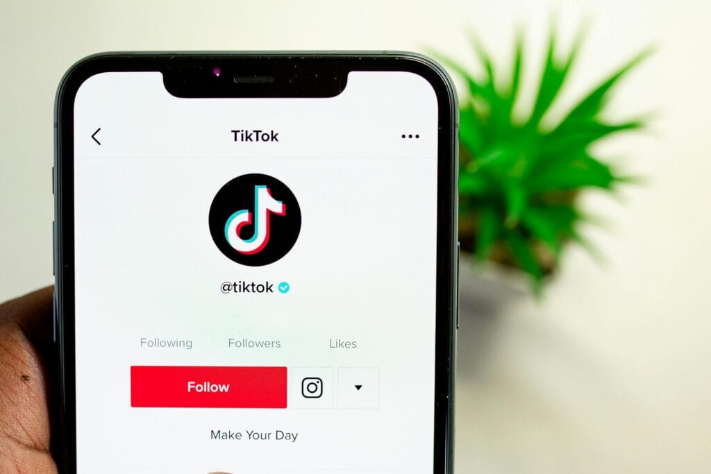 A phone screen displays the official TikTok profile with the "Follow" button, held in front of a blurred green plant. | Tsunami Reach