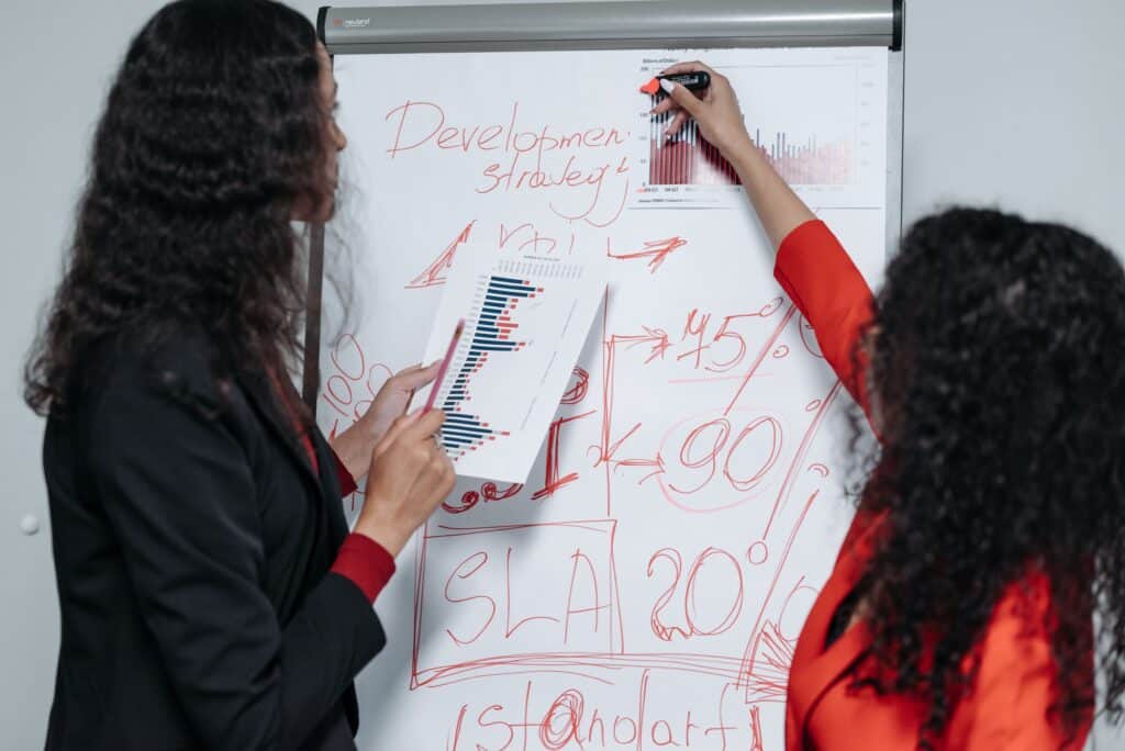 Two women discuss digital marketing charts on a whiteboard labeled "Development strategy" during a business meeting. | Tsunami Reach