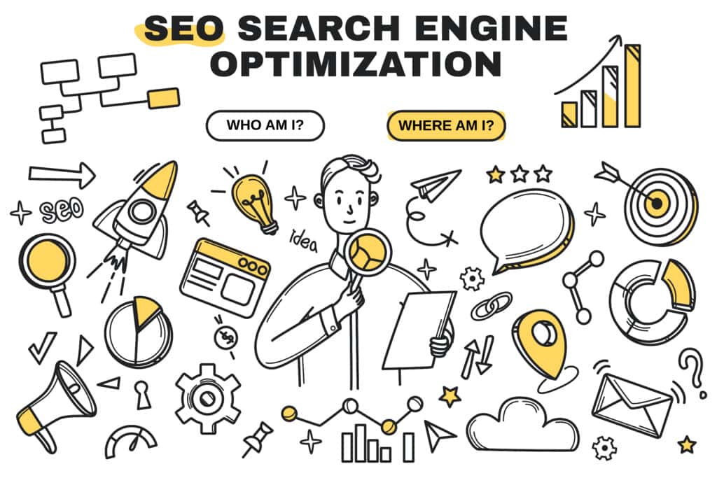Doodles of SEO elements surround a person with a magnifying glass under the heading "SEO Agency Singapore. | Tsunami Reach