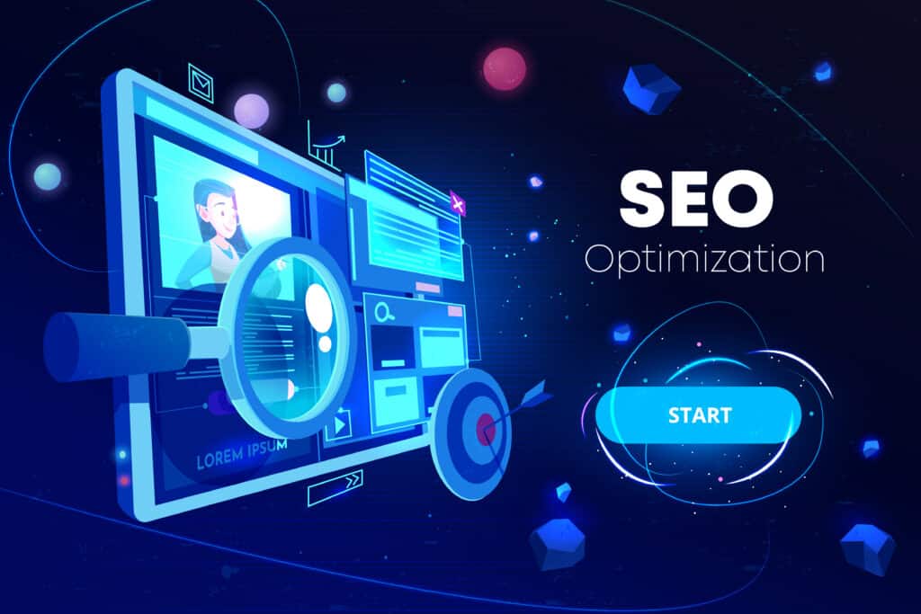 Futuristic digital screen with magnifying glass, “SEO Optimization” text, and blue “Start” button for SEO Singapore brands. | Tsunami Reach