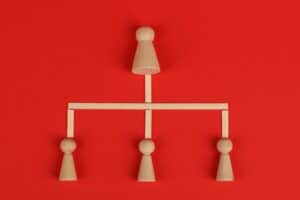 Wooden game pieces arranged in a hierarchy structure on a red background. | Tsunami Reach
