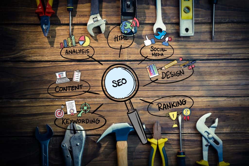 Magnifying glass labeled “SEO” with tools, icons, and words like Content Marketing, Ranking, Design, and Analysis around it. | Tsunami Reach